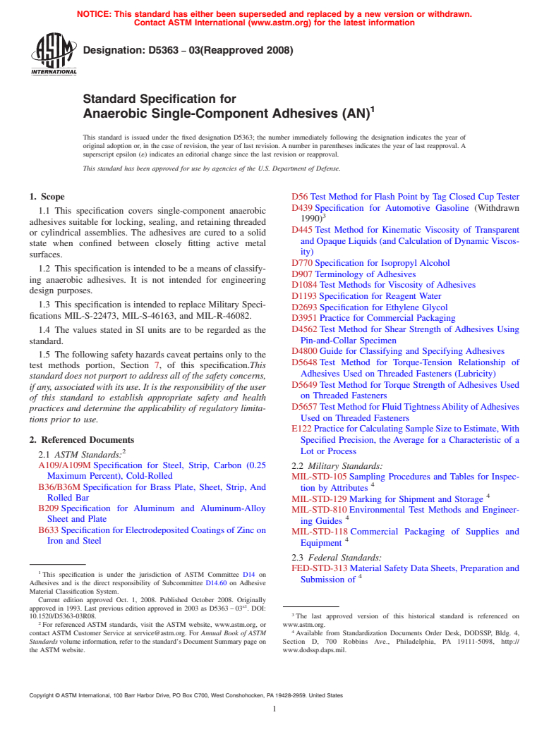 ASTM D5363-03(2008) - Standard Specification for Anaerobic Single-Component Adhesives (AN)