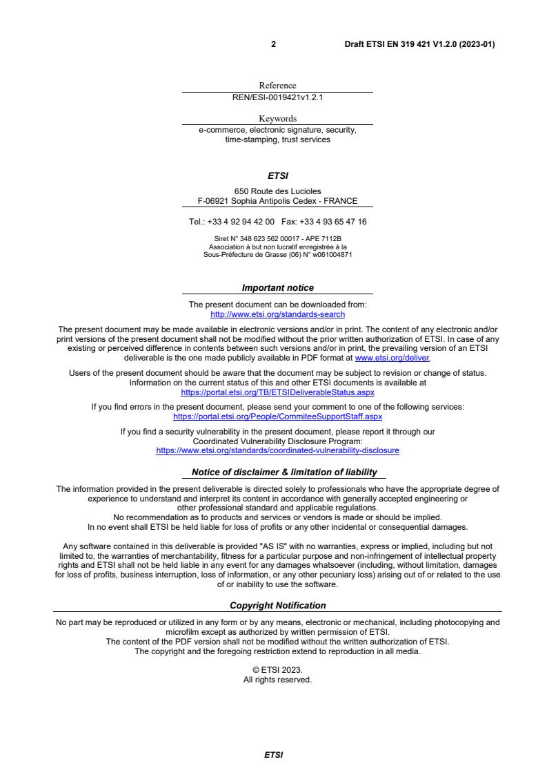SIST EN 319 421 V1.2.1:2023 ETSI EN 319 421 V1.2.0 (2023-01) - Electronic Signatures and Infrastructures (ESI); Policy and Security Requirements for Trust Service Providers issuing Time-Stamps - Page 2 preview