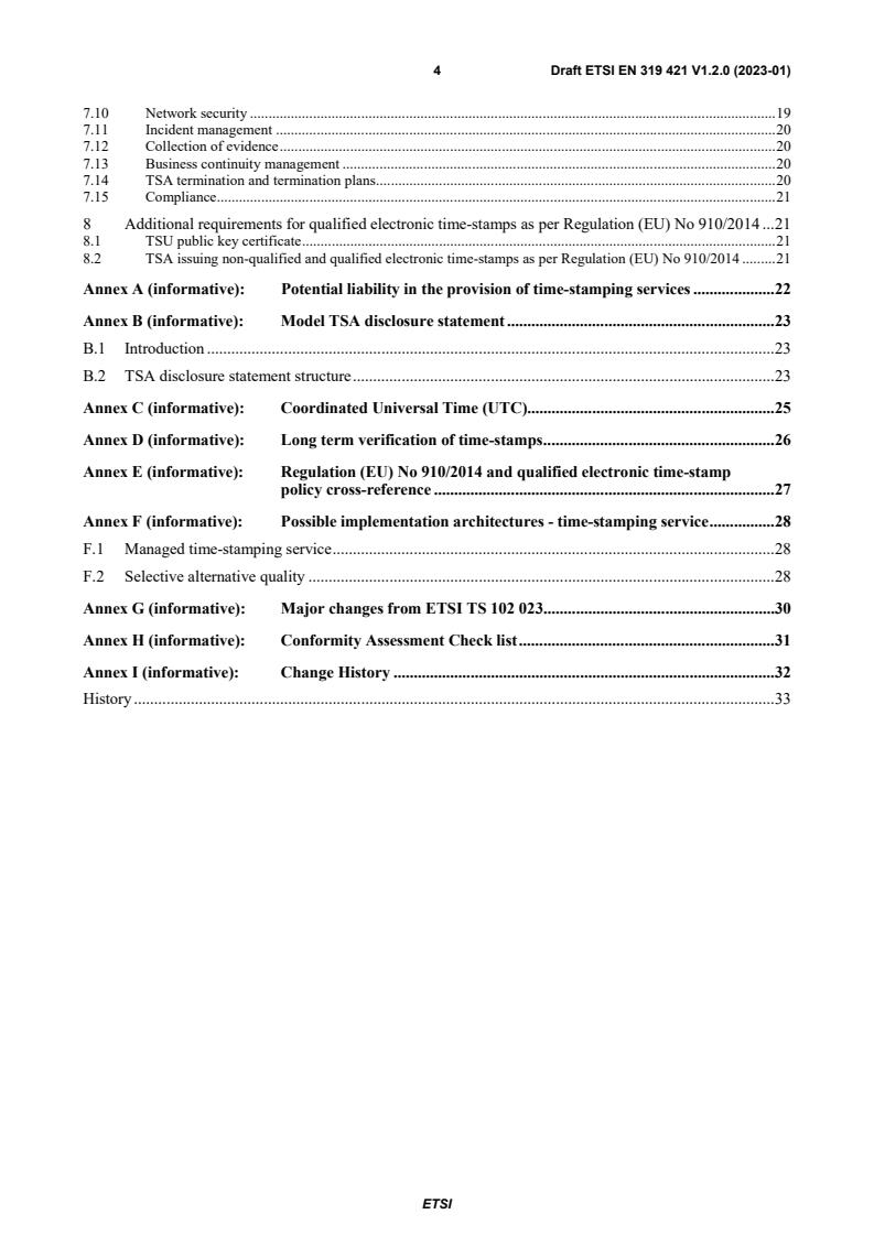 SIST EN 319 421 V1.2.1:2023 ETSI EN 319 421 V1.2.0 (2023-01) - Electronic Signatures and Infrastructures (ESI); Policy and Security Requirements for Trust Service Providers issuing Time-Stamps - Page 4 preview