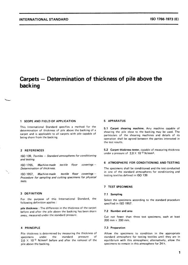 ISO 1766:1973 - Textile floor coverings -- Determination of thickness of pile above the backing