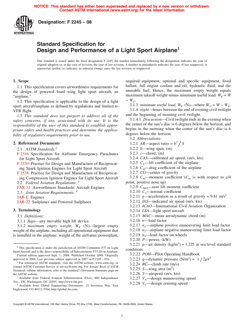 ASTM F2245-08 - Standard Specification for Design and Performance of a Light Sport Airplane
