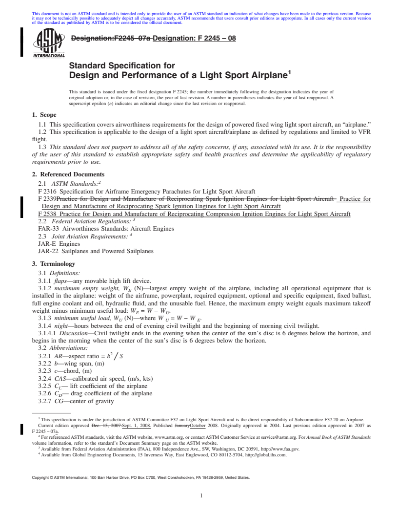 REDLINE ASTM F2245-08 - Standard Specification for Design and Performance of a Light Sport Airplane