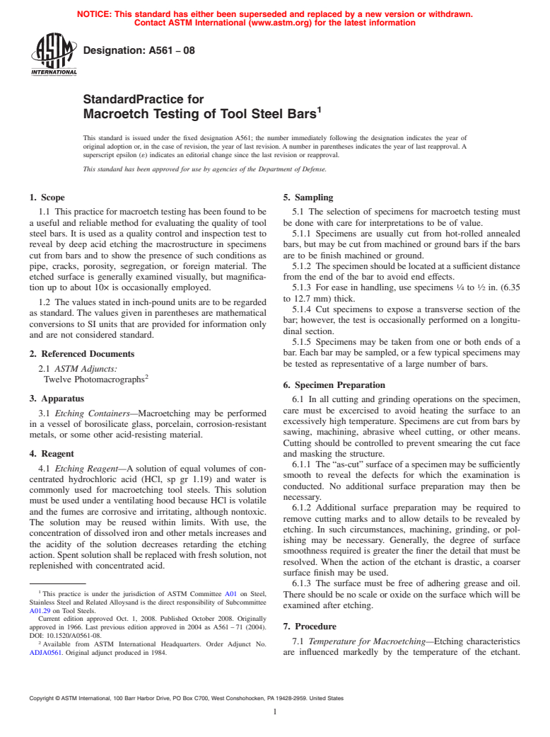 ASTM A561-08 - Standard Practice for  Macroetch Testing of Tool Steel Bars