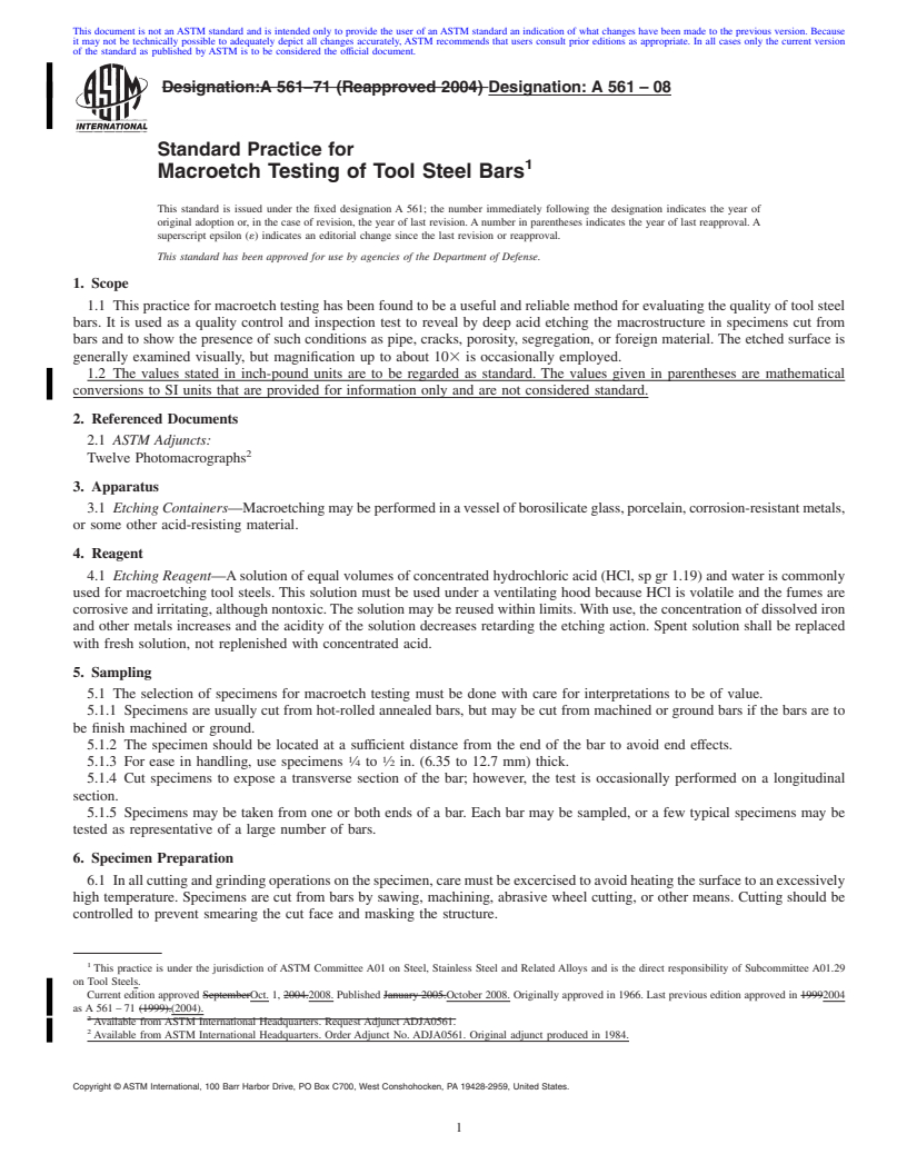 REDLINE ASTM A561-08 - Standard Practice for  Macroetch Testing of Tool Steel Bars
