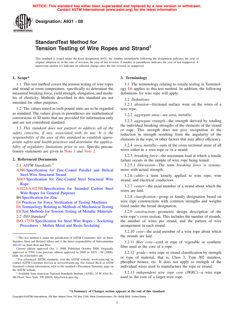 ASTM A931-08 - Standard Test Method for  Tension Testing of Wire Ropes and Strand