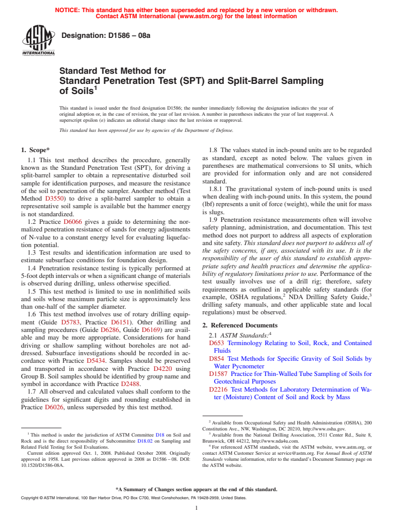 ASTM D1586-08a - Standard Test Method for  Standard Penetration Test (SPT) and Split-Barrel Sampling of Soils