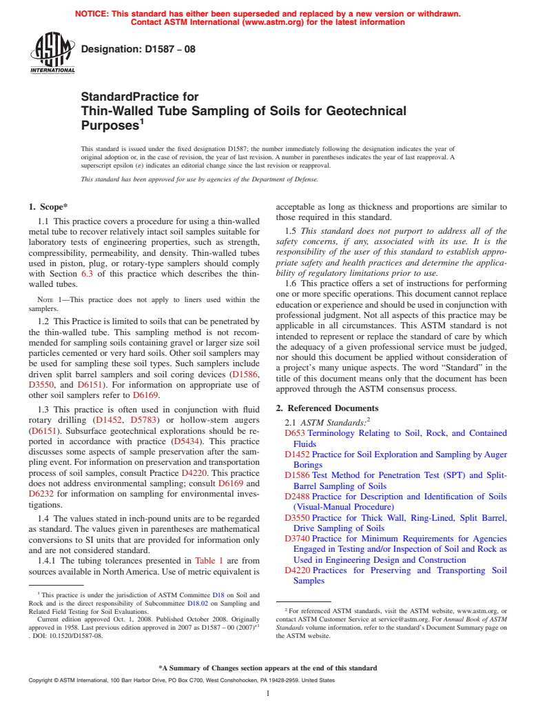 ASTM D1587-08 - Standard Practice for  Thin-Walled Tube Sampling of Soils for Geotechnical Purposes