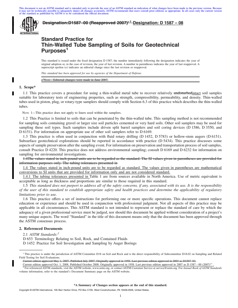 REDLINE ASTM D1587-08 - Standard Practice for  Thin-Walled Tube Sampling of Soils for Geotechnical Purposes