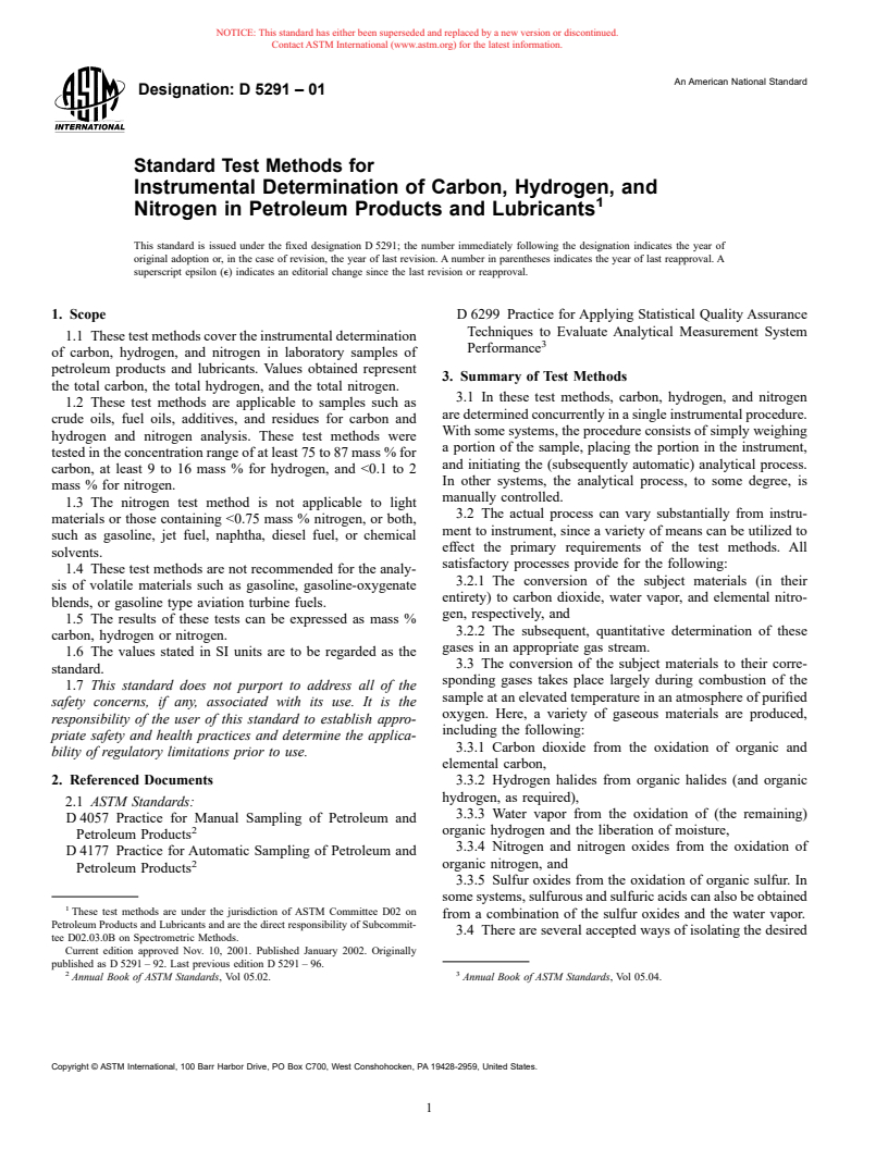 ASTM D5291-01 - Standard Test Methods for Instrumental Determination of Carbon, Hydrogen, and Nitrogen in Petroleum Products and Lubricants