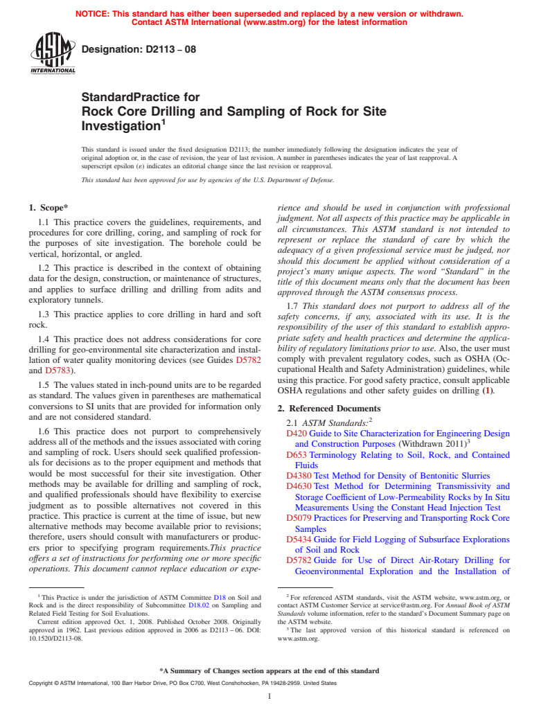 ASTM D2113-08 - Standard Practice for  Rock Core Drilling and Sampling of Rock for Site Investigation