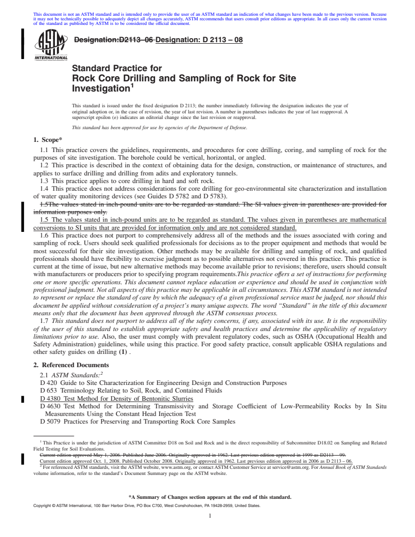 REDLINE ASTM D2113-08 - Standard Practice for  Rock Core Drilling and Sampling of Rock for Site Investigation