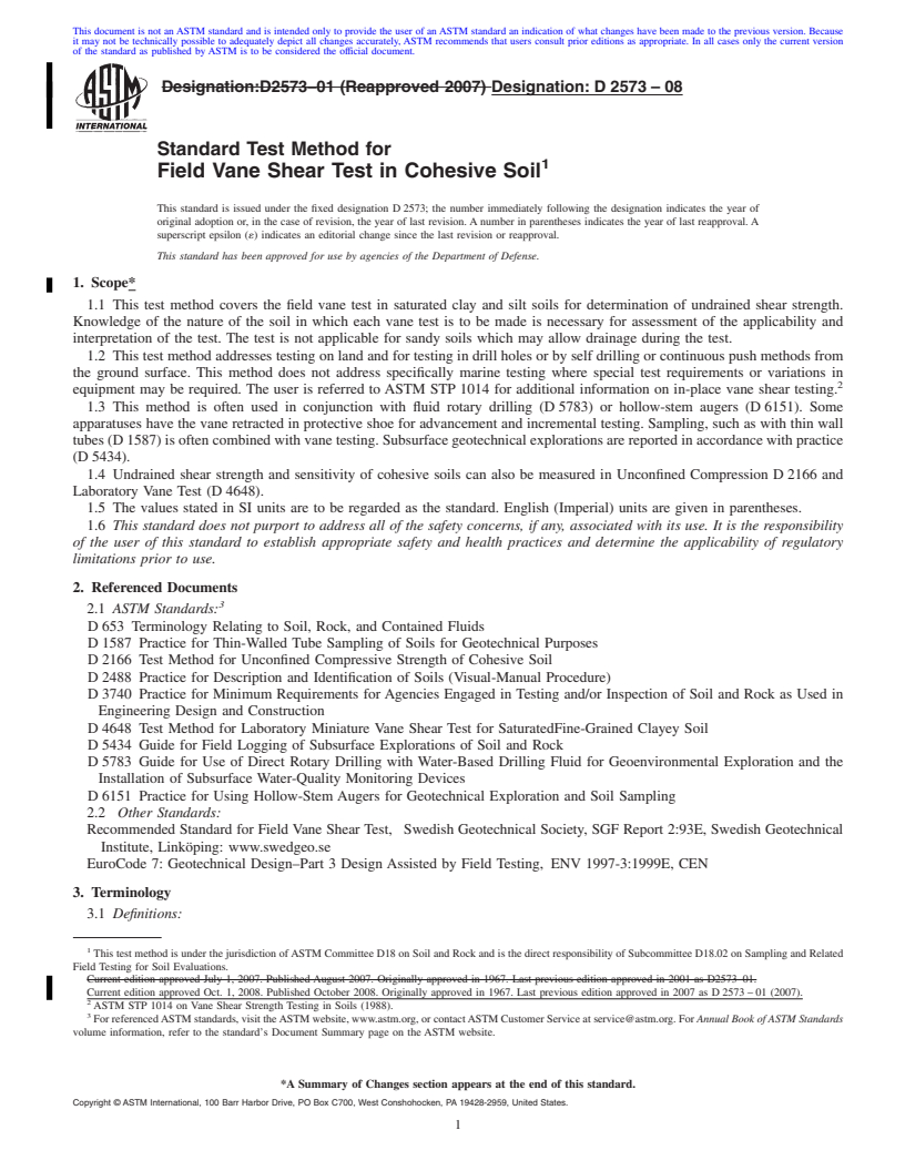 REDLINE ASTM D2573-08 - Standard Test Method for Field Vane Shear Test in Cohesive Soil