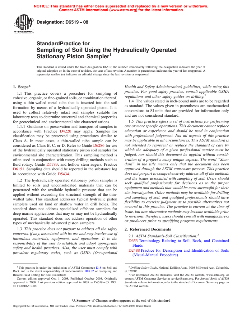 ASTM D6519-08 - Standard Practice for Sampling of Soil Using the Hydraulically Operated Stationary Piston Sampler