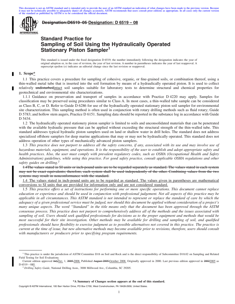 REDLINE ASTM D6519-08 - Standard Practice for Sampling of Soil Using the Hydraulically Operated Stationary Piston Sampler