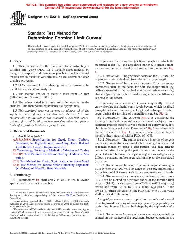 ASTM E2218-02(2008) - Standard Test Method for Determining Forming Limit Curves