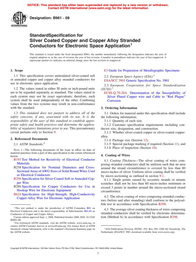 ASTM B961-08 - Standard Specification for Silver Coated Copper and Copper Alloy Stranded Conductors for Electronic Space Application