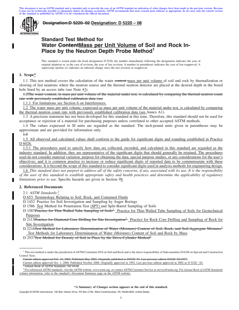 REDLINE ASTM D5220-08 - Standard Test Method for  Water Mass per Unit Volume of Soil and Rock In-Place by the Neutron Depth Probe Method