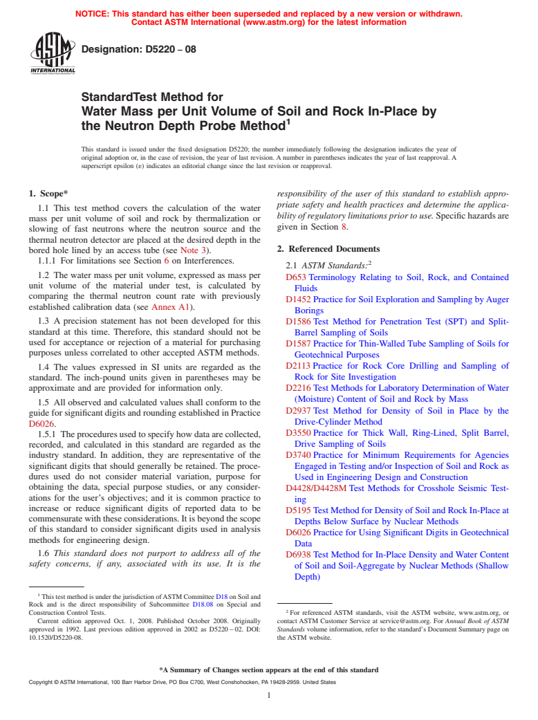 ASTM D5220-08 - Standard Test Method for  Water Mass per Unit Volume of Soil and Rock In-Place by the Neutron Depth Probe Method