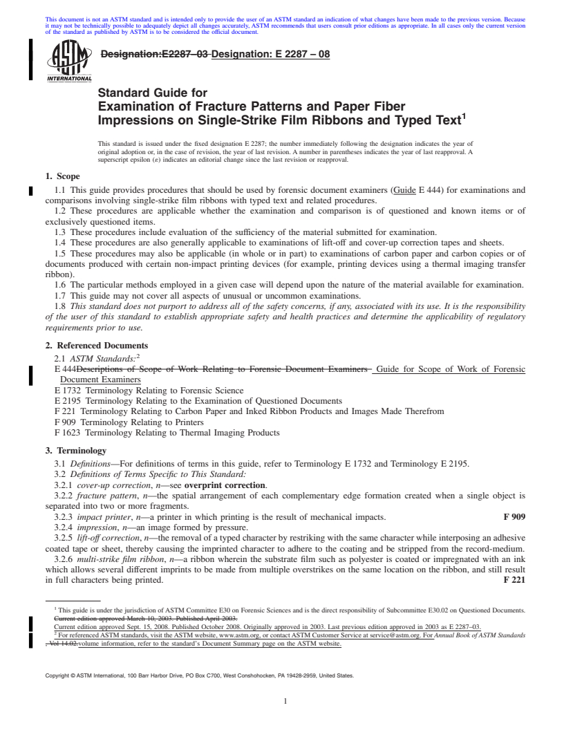 REDLINE ASTM E2287-08 - Standard Guide for Examination of Fracture Patterns and Paper Fiber Impressions on Single-Strike Film Ribbons and Typed Text