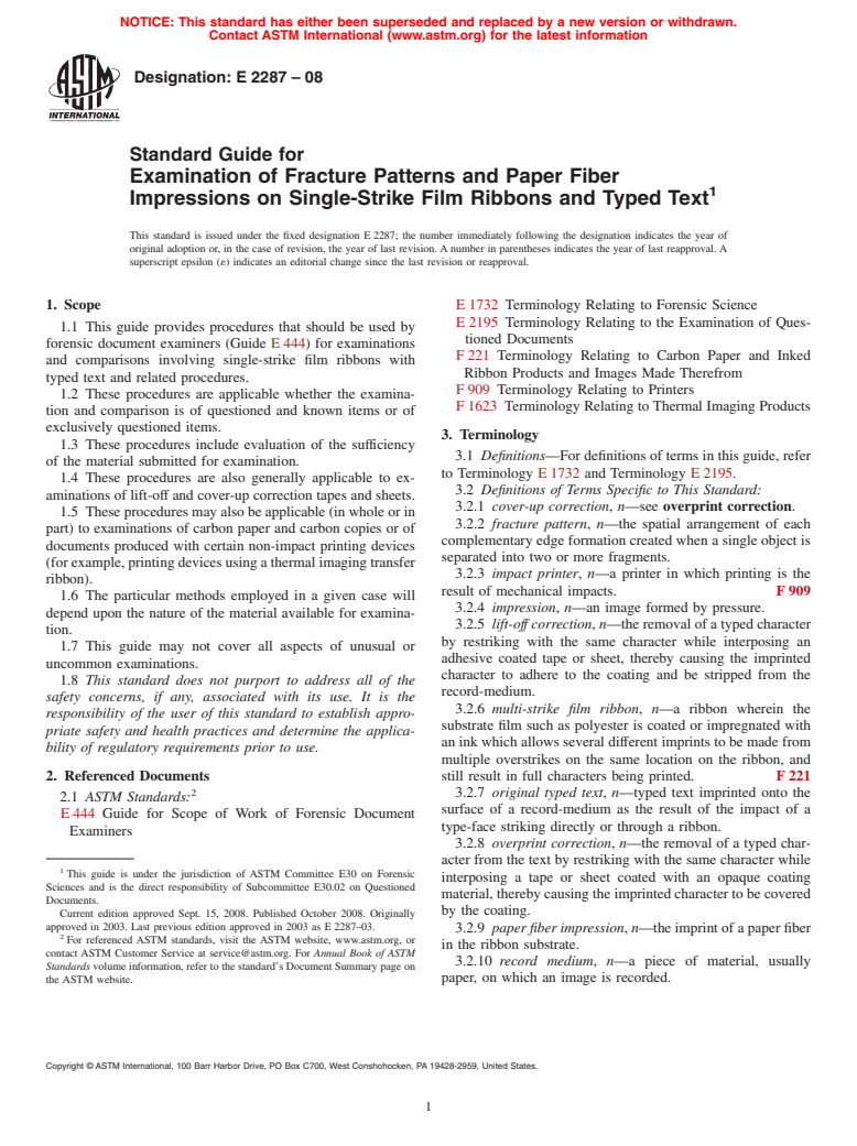 ASTM E2287-08 - Standard Guide for Examination of Fracture Patterns and Paper Fiber Impressions on Single-Strike Film Ribbons and Typed Text