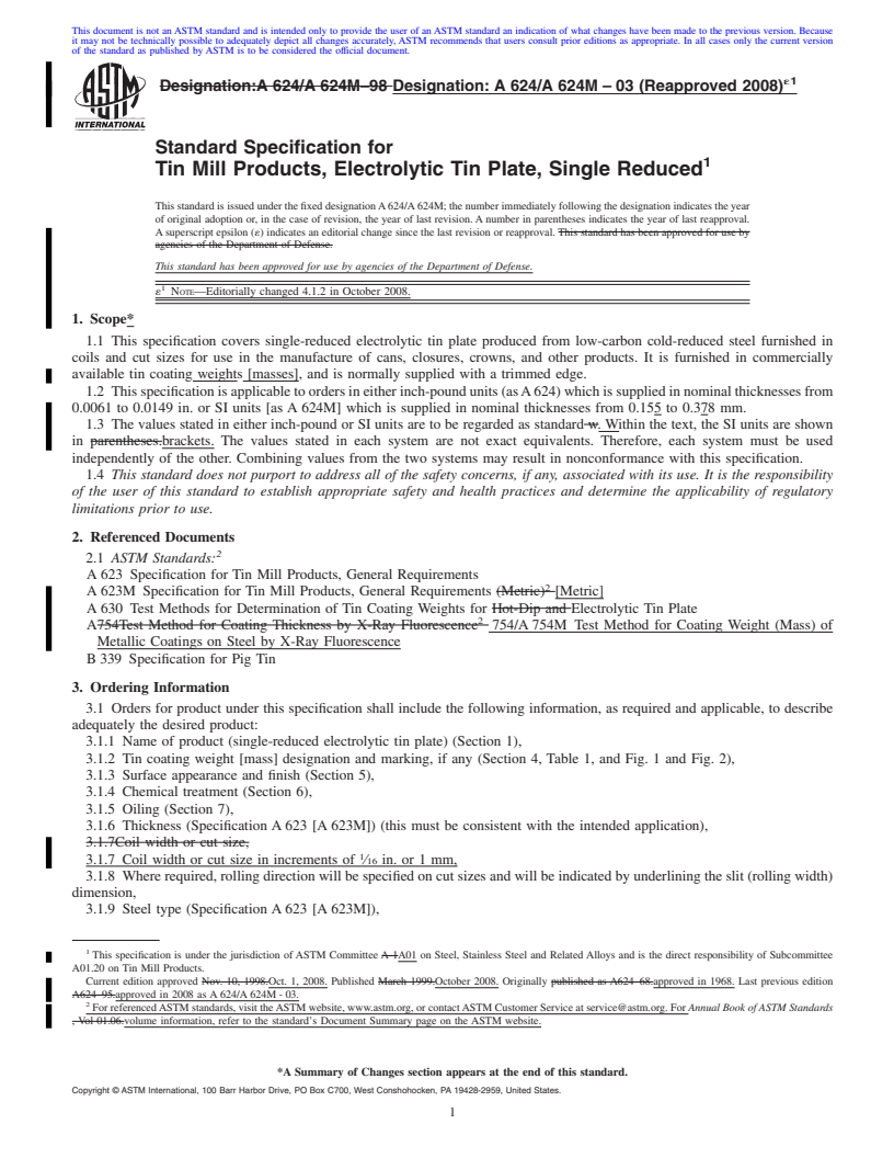 REDLINE ASTM A624/A624M-03(2008)e1 - Standard Specification for  Tin Mill Products, Electrolytic Tin Plate, Single Reduced