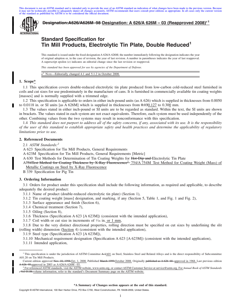 REDLINE ASTM A626/A626M-03(2008)e1 - Standard Specification for  Tin Mill Products, Electrolytic Tin Plate, Double Reduced