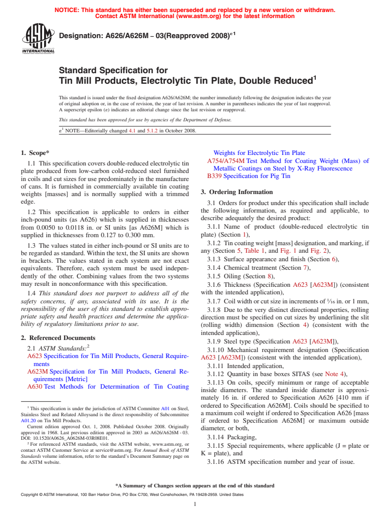 ASTM A626/A626M-03(2008)e1 - Standard Specification for  Tin Mill Products, Electrolytic Tin Plate, Double Reduced