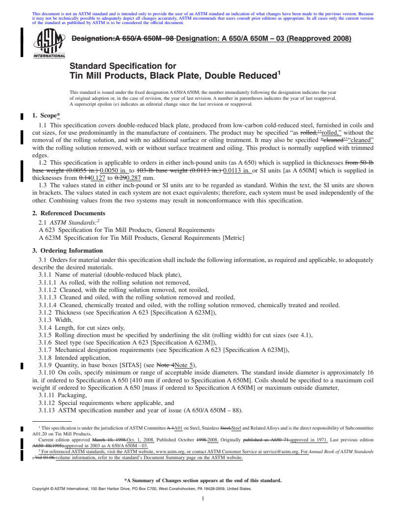 REDLINE ASTM A650/A650M-03(2008) - Standard Specification for Tin Mill Products, Black Plate, Double Reduced