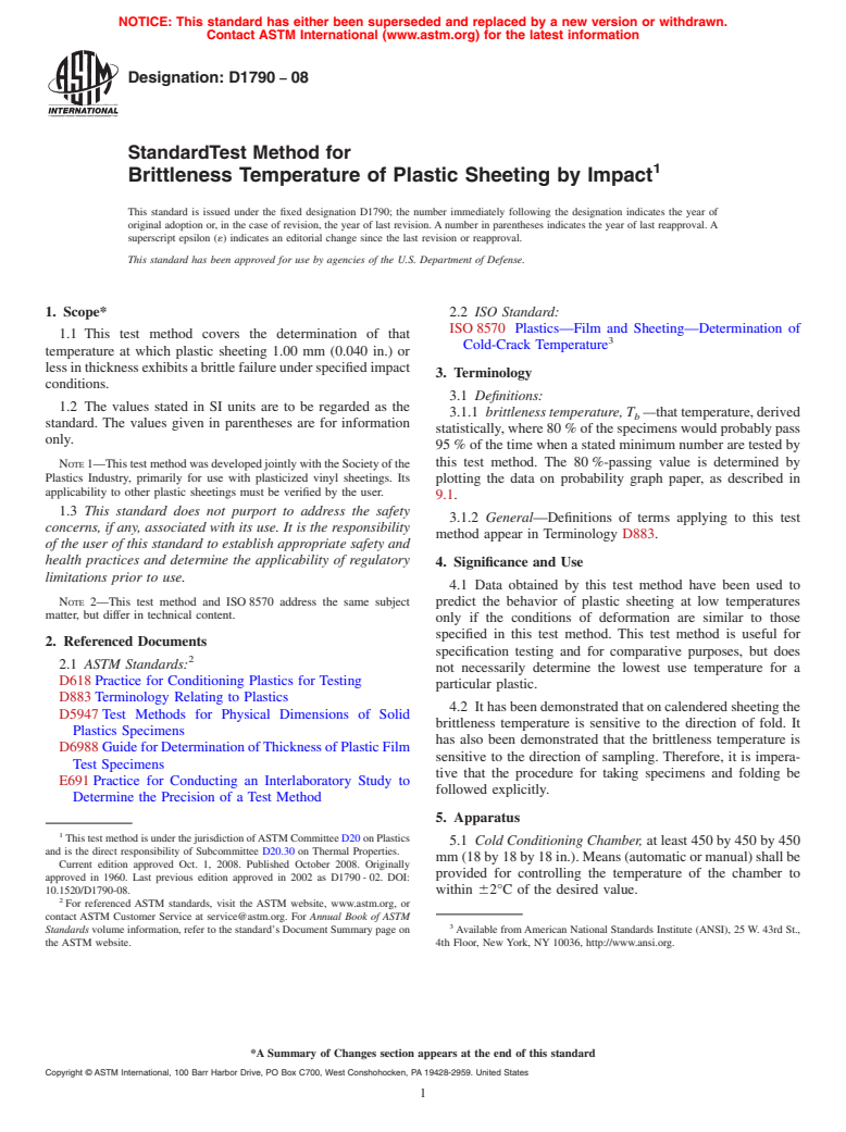 ASTM D1790-08 - Standard Test Method for  Brittleness Temperature of Plastic Sheeting by Impact