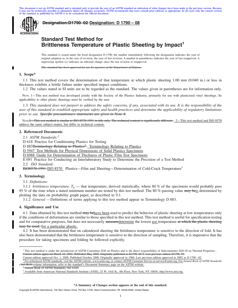 REDLINE ASTM D1790-08 - Standard Test Method for  Brittleness Temperature of Plastic Sheeting by Impact