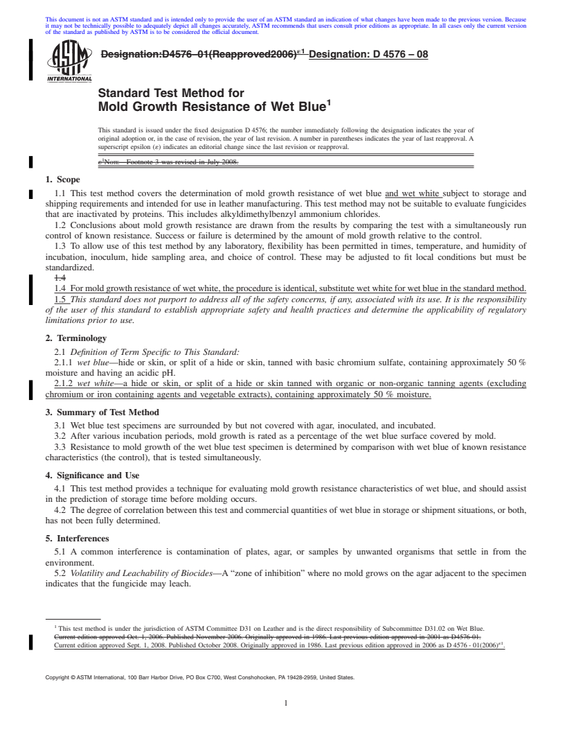 REDLINE ASTM D4576-08 - Standard Test Method for  Mold Growth Resistance of Wet Blue