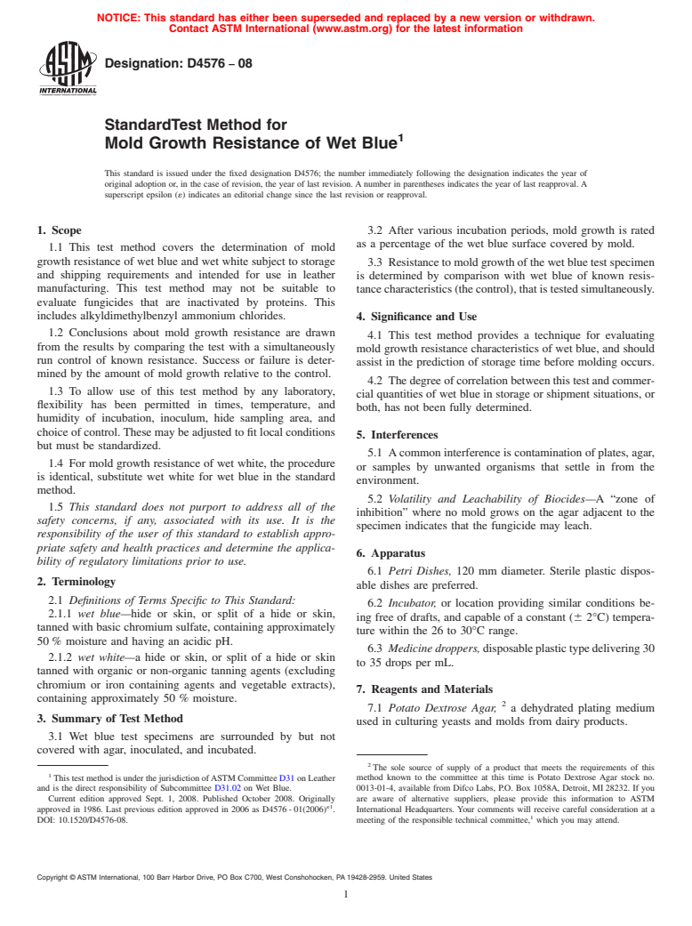 ASTM D4576-08 - Standard Test Method for  Mold Growth Resistance of Wet Blue