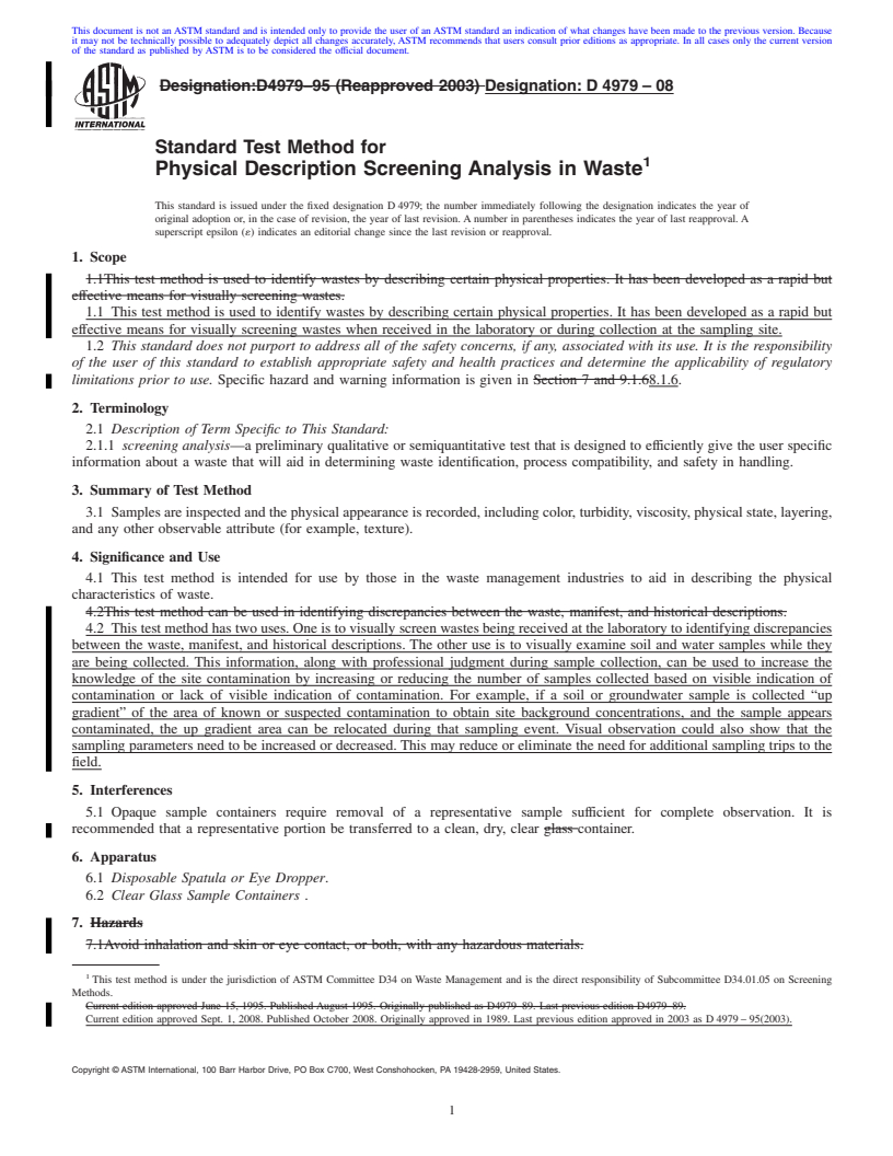 REDLINE ASTM D4979-08 - Standard Test Method for Physical Description Screening Analysis in Waste