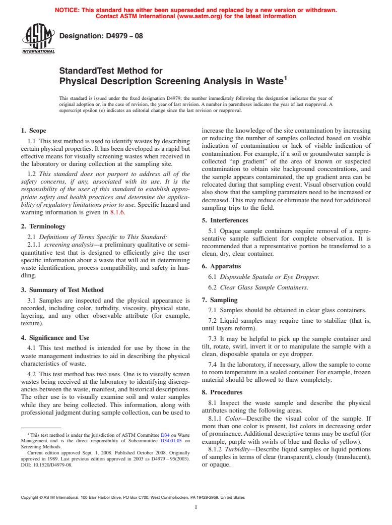 ASTM D4979-08 - Standard Test Method for Physical Description Screening Analysis in Waste