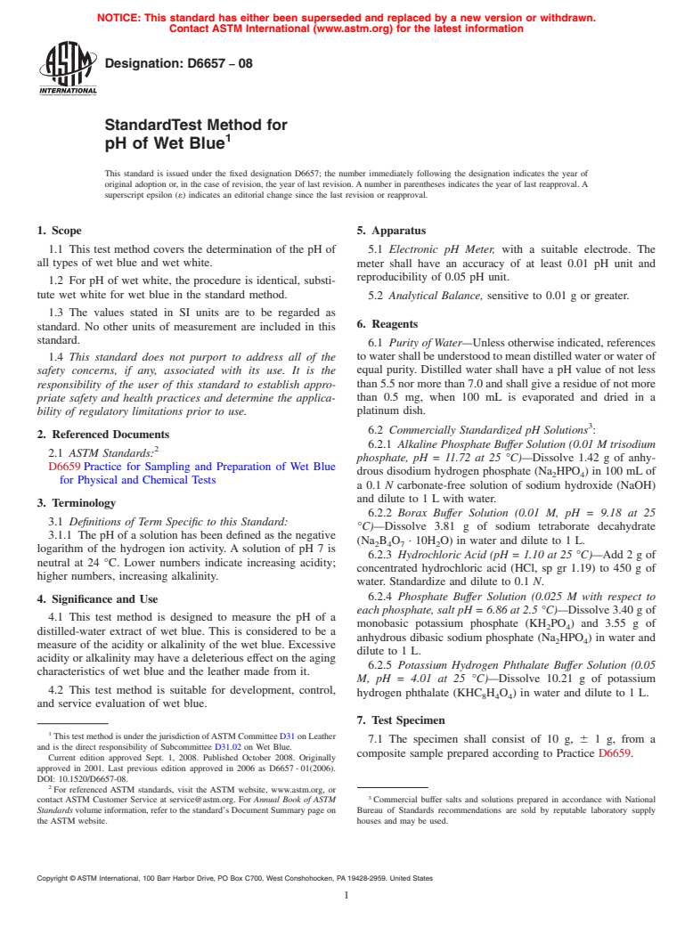 ASTM D6657-08 - Standard Test Method for pH of Wet Blue