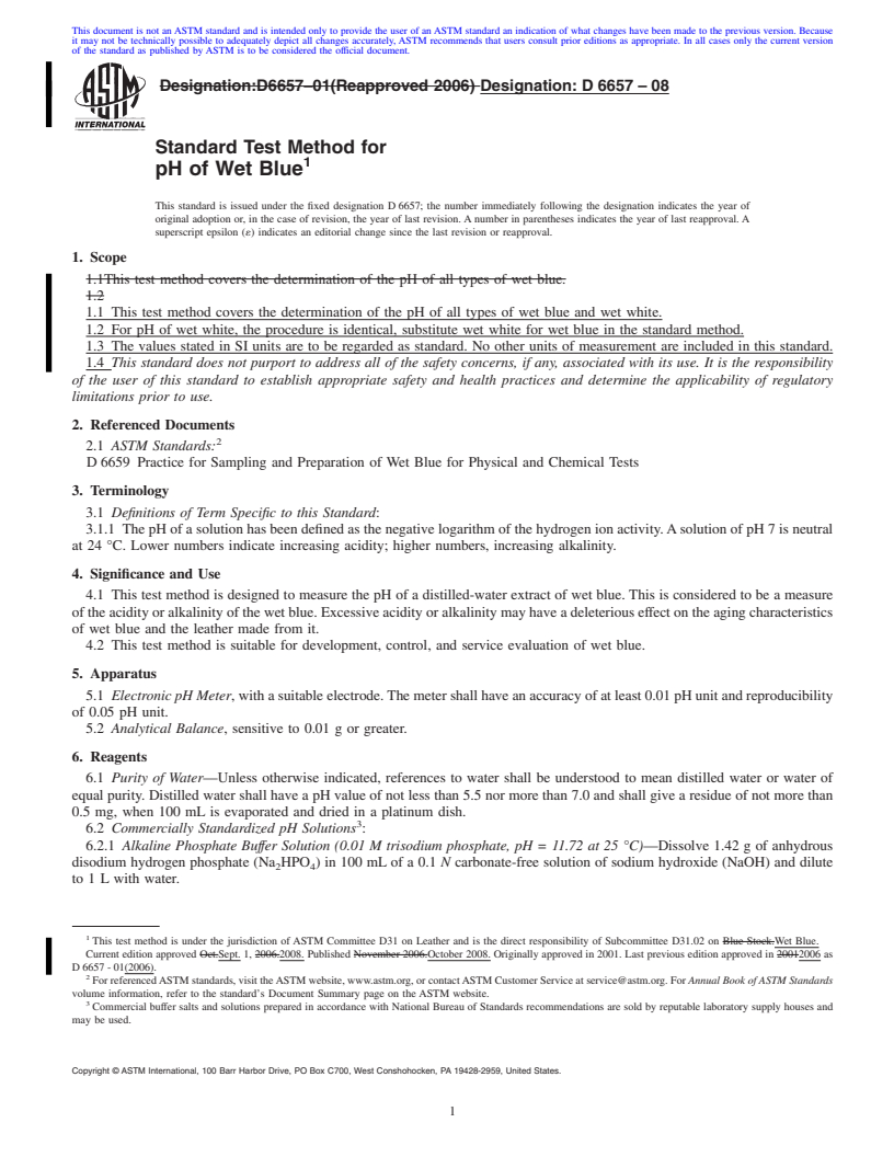 REDLINE ASTM D6657-08 - Standard Test Method for pH of Wet Blue