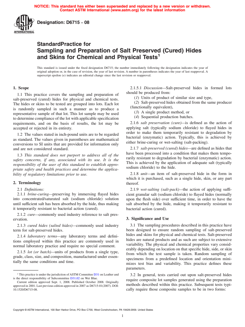 ASTM D6715-08 - Standard Practice for Sampling and Preparation of Salt Preserved (Cured) Hides and Skins for Chemical and Physical Tests