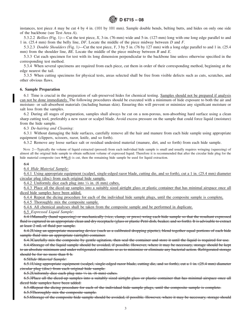 REDLINE ASTM D6715-08 - Standard Practice for Sampling and Preparation of Salt Preserved (Cured) Hides and Skins for Chemical and Physical Tests