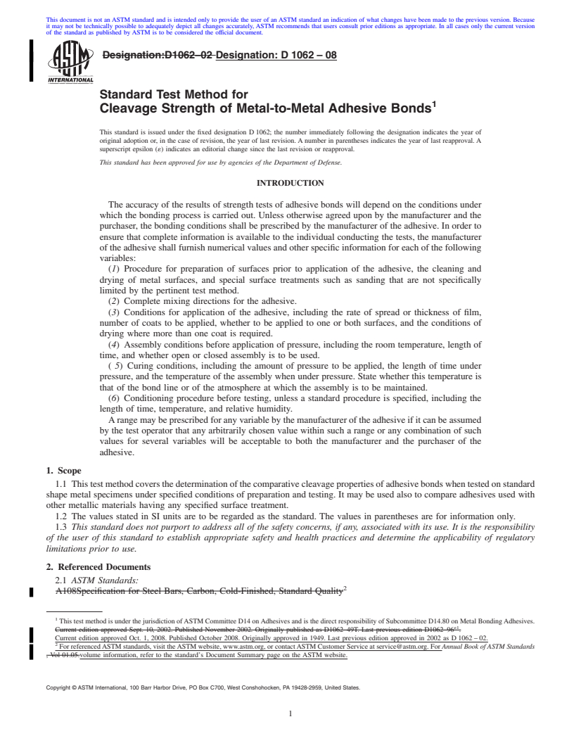 REDLINE ASTM D1062-08 - Standard Test Method for  Cleavage Strength of Metal-to-Metal Adhesive Bonds