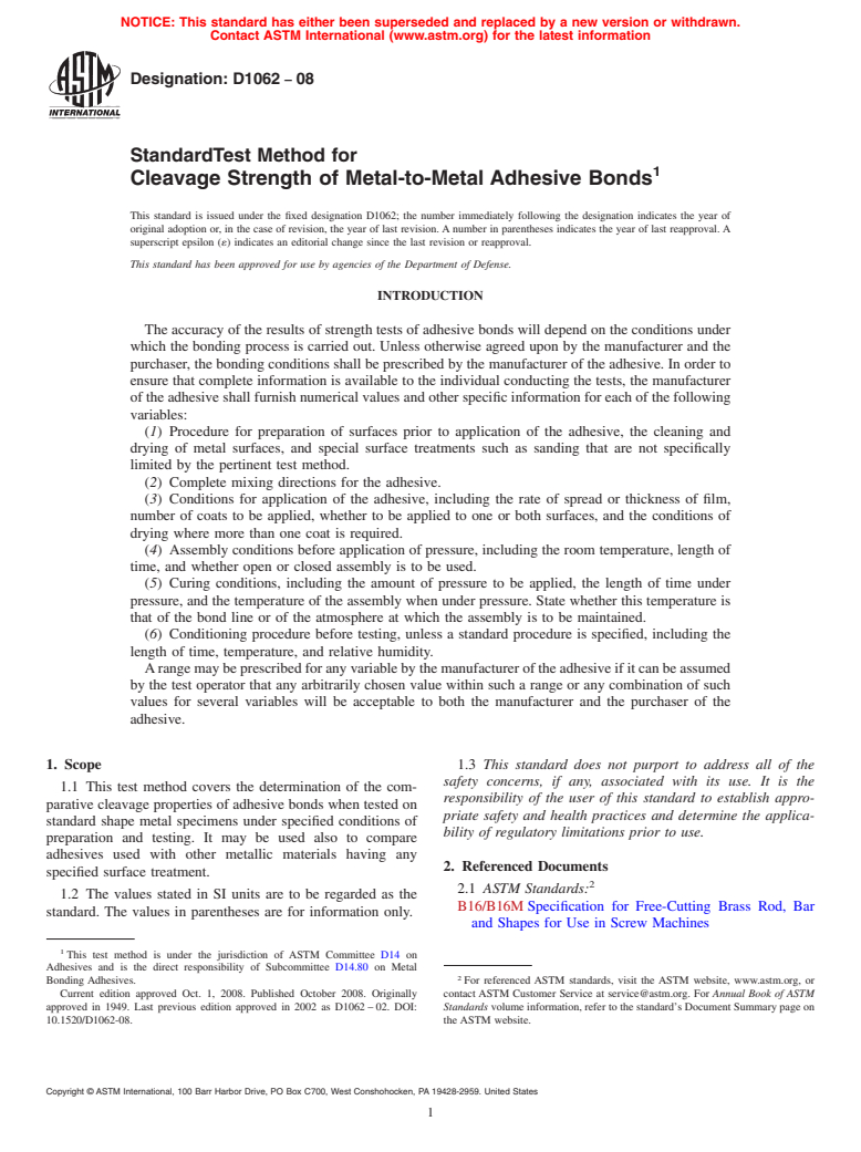 ASTM D1062-08 - Standard Test Method for  Cleavage Strength of Metal-to-Metal Adhesive Bonds