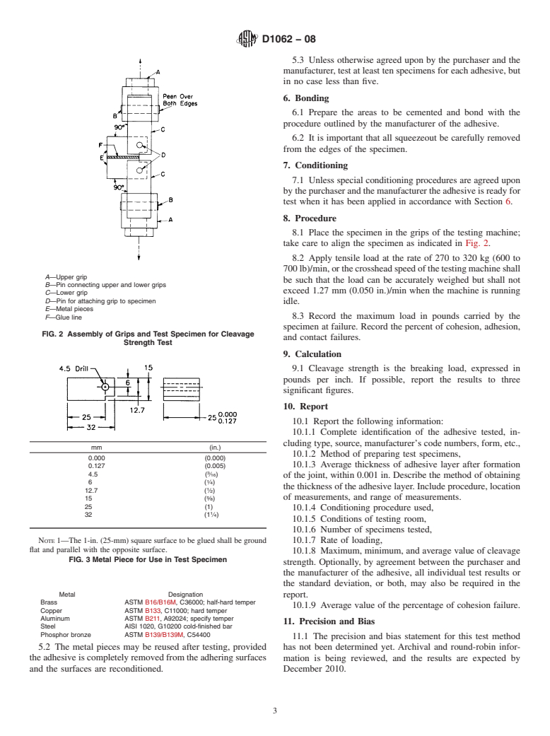 ASTM D1062-08 - Standard Test Method for  Cleavage Strength of Metal-to-Metal Adhesive Bonds