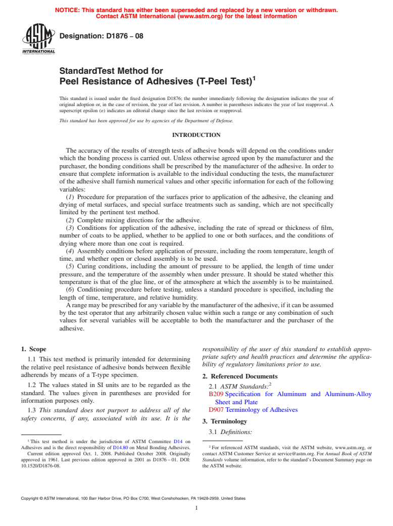 ASTM D1876-08 - Standard Test Method for Peel Resistance of Adhesives (T-Peel Test)