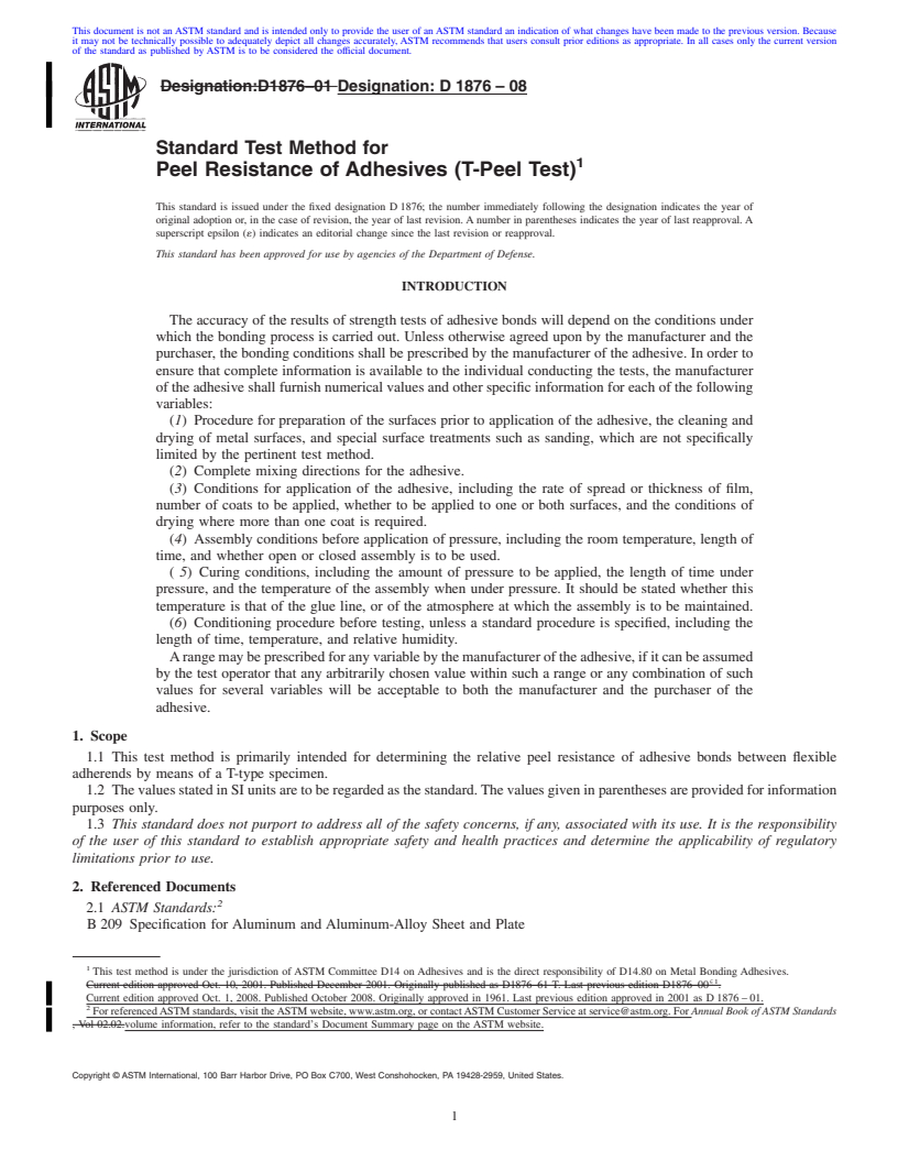 REDLINE ASTM D1876-08 - Standard Test Method for Peel Resistance of Adhesives (T-Peel Test)