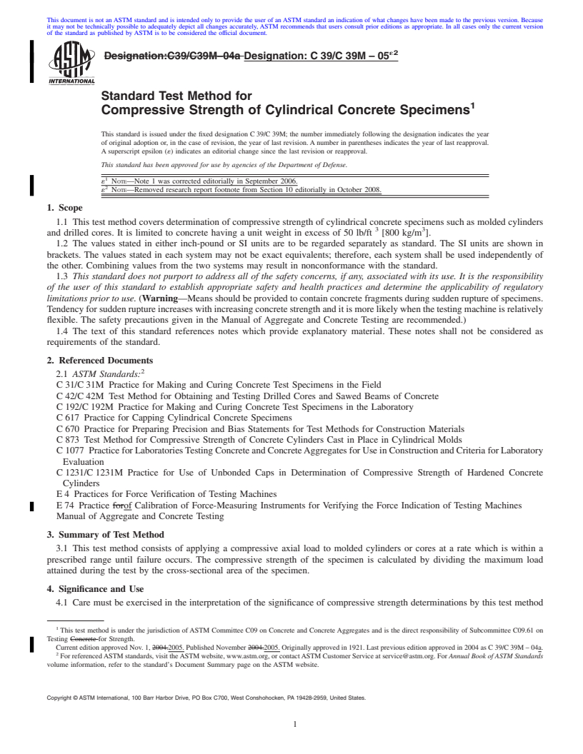 REDLINE ASTM C39/C39M-05e2 - Standard Test Method for  Compressive Strength of Cylindrical Concrete Specimens