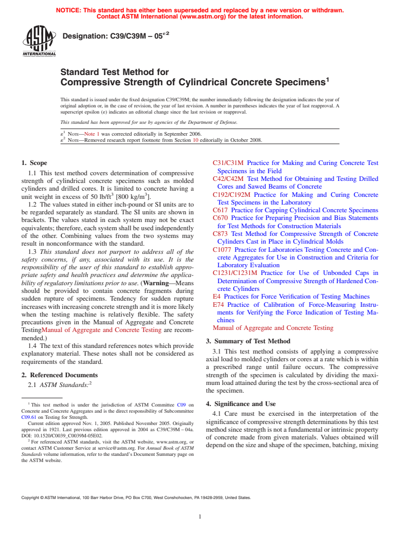 ASTM C39/C39M-05e2 - Standard Test Method for  Compressive Strength of Cylindrical Concrete Specimens