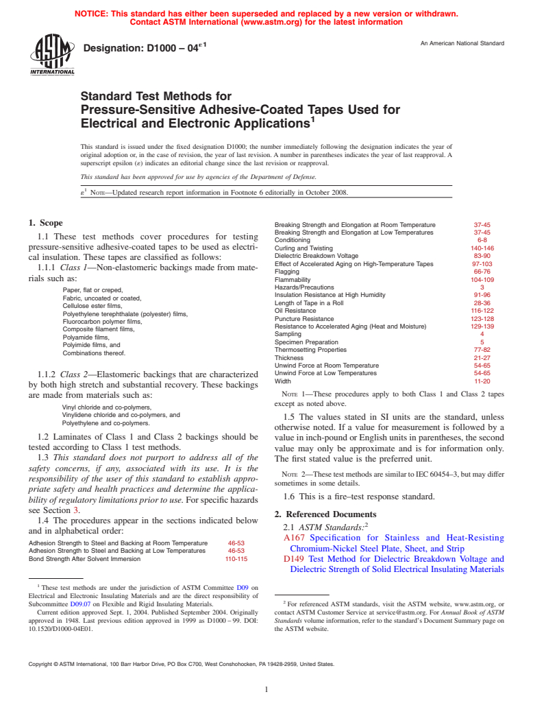 ASTM D1000-04e1 - Standard Test Methods for Pressure-Sensitive Adhesive-Coated Tapes Used for Electrical and Electronic Applications