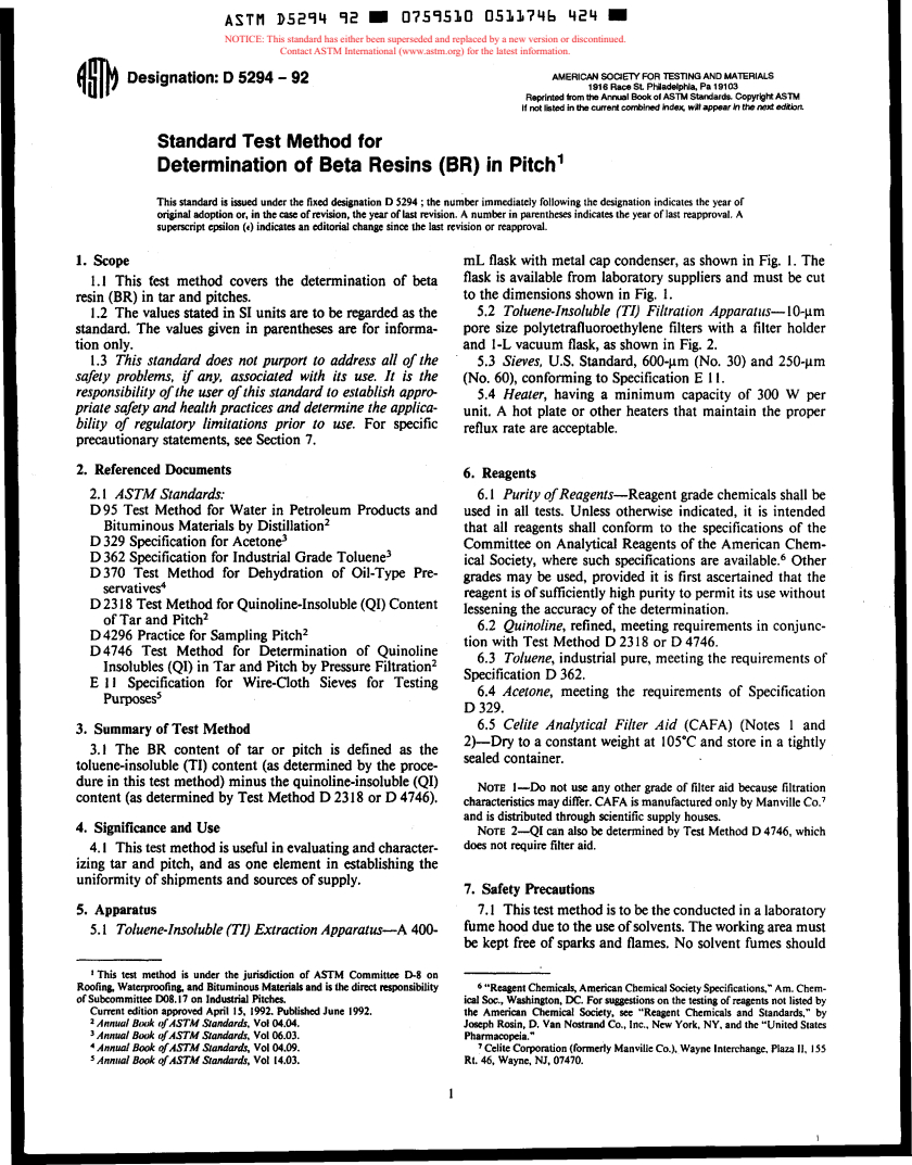 ASTM D5294-92 - Standard Test Method for Determination of Beta Resins (BR) in Pitch (Withdrawn 1997