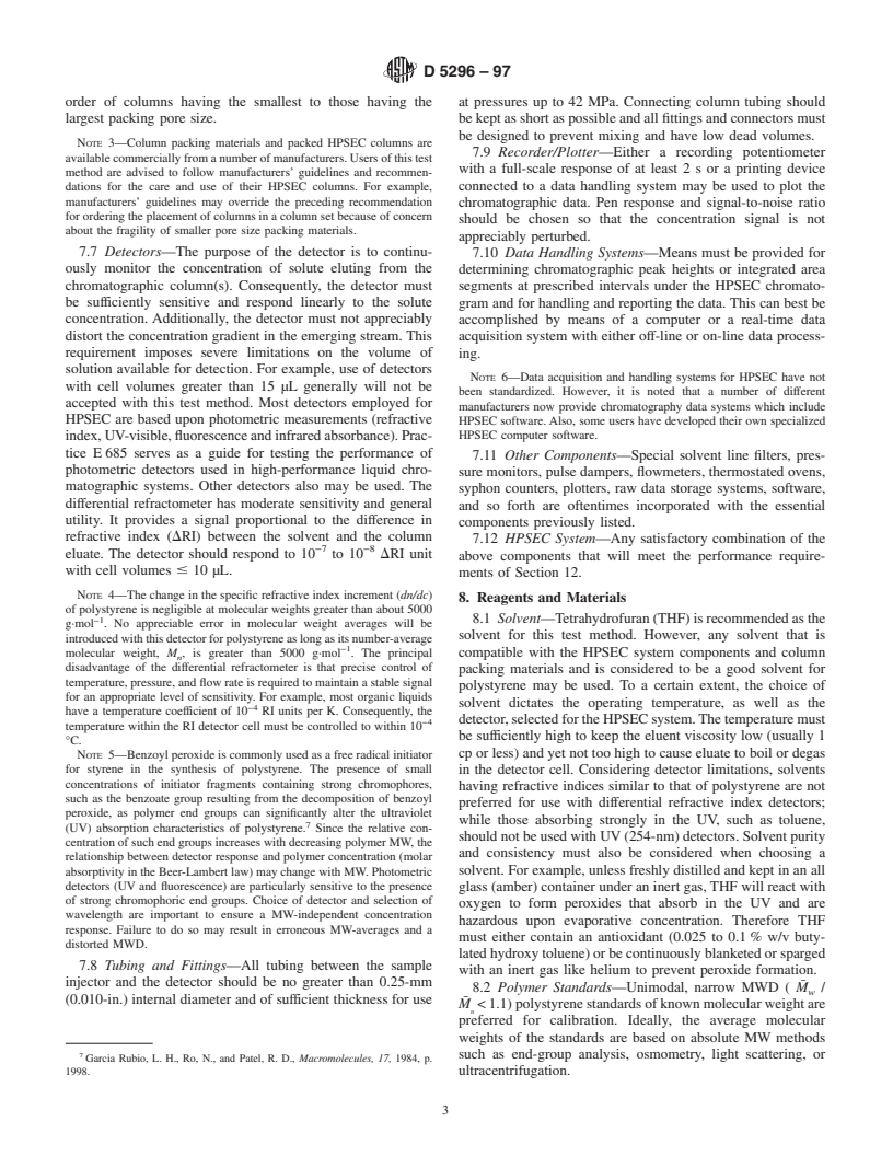 ASTM D5296-97 - Standard Test Method for Molecular Weight Averages and Molecular Weight Distribution of Polystyrene by High Performance Size-Exclusion Chromatography