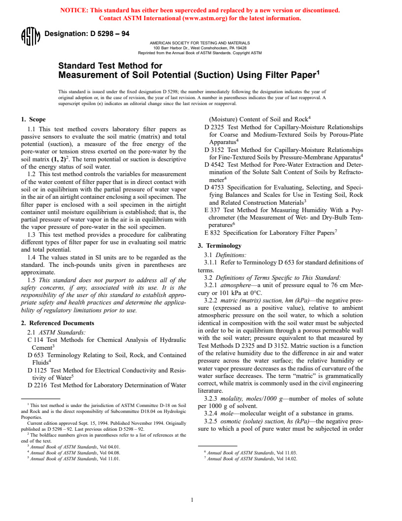 ASTM D5298-94 - Standard Test Method for Measurement of Soil Potential (Suction) Using Filter Paper (Withdrawn 2003)