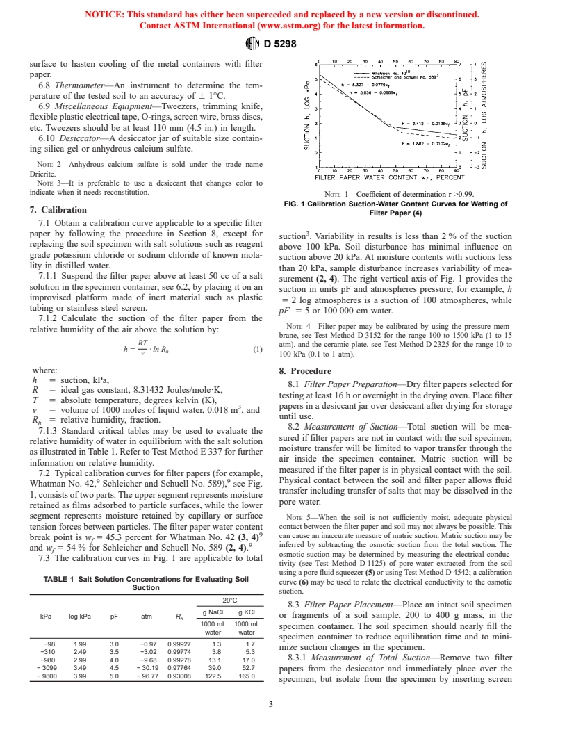 ASTM D5298-94 - Standard Test Method for Measurement of Soil Potential (Suction) Using Filter Paper (Withdrawn 2003)